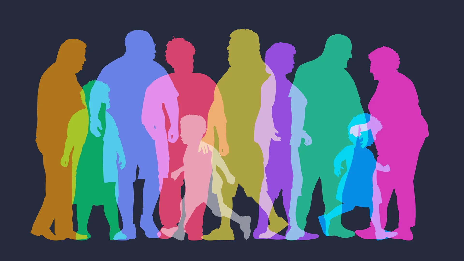 Illustration mit elf farbigen Silhouetten unterschiedlich großer Personen in einer Reihe. Bunte Überlagerungen und vielfältige Körperformen verdeutlichen Diversität und Zusammengehörigkeit, ohne Beschriftungen oder Legende.