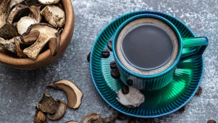 Fotografie einer Tasse schwarzem Kaffee auf grünem Unterteller mit Kaffeebohnen und getrockneten Pilzen in einer Holzschale daneben. Darstellung betont Kontrast zwischen dunklem Getränk und natürlichen, erdigen Tönen der Pilze auf grauem Untergrund.